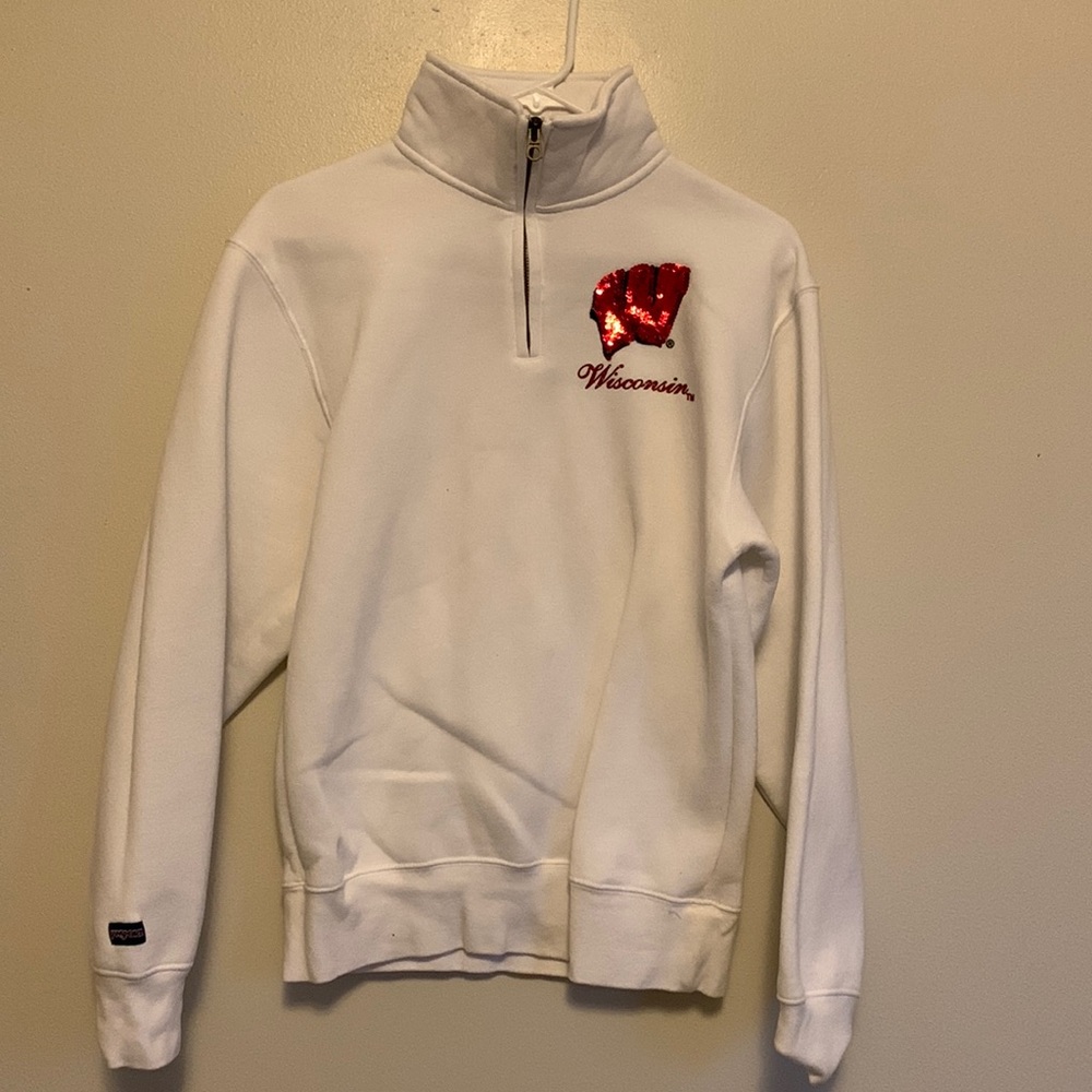 White Wisconsin Badger Quarter zip with sparkly motion W
